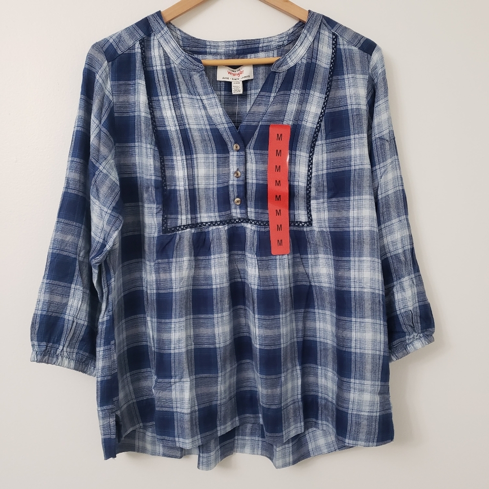 Wrangler Ladies' blue Plaid Blouse 3/4 Sleeve Size:M